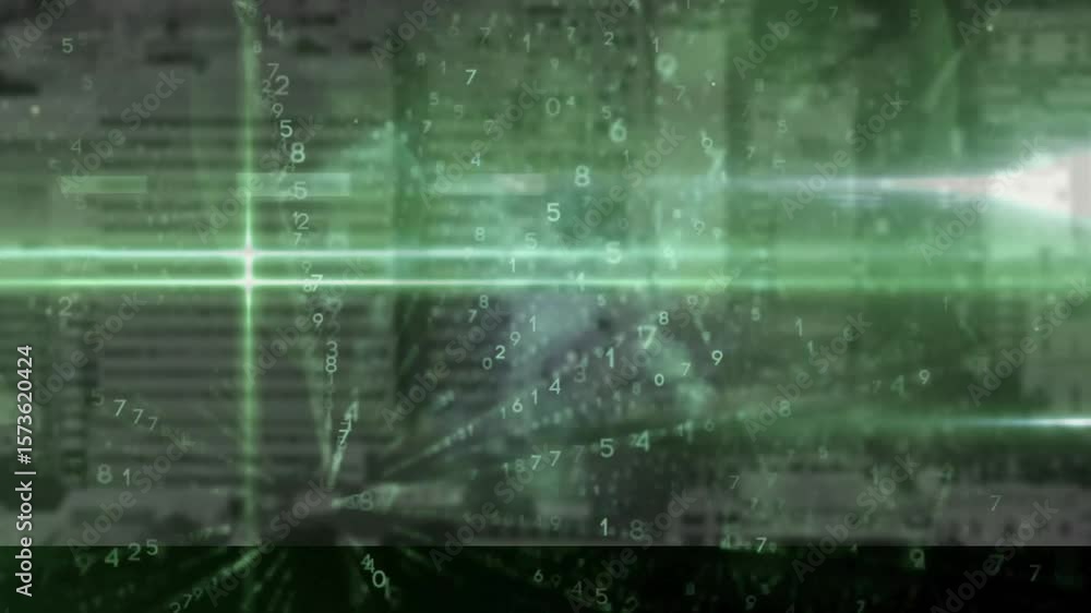 Poster glowing beam intersecting vertical bar forming crosshair, digits swirling on grid showing data flow