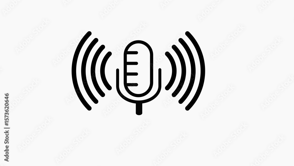 Poster simple black icon of a microphone with sound waves emanating from it on a white background