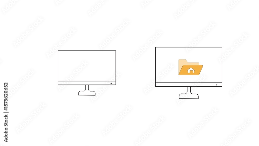 Aufkleber two computer monitors one blank and one displaying a folder with a house icon