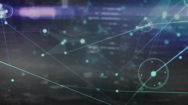 Faint glowing nodes appearing, linking and pulsing rings, slicing lines visualizing digital network