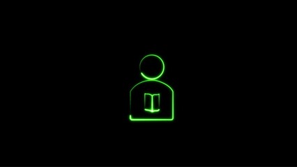 Glowing green neon outline of a person reading a book on a black background