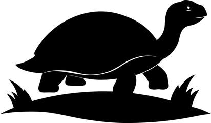 Silhouette of a turtle on land, reptile pet icon with white background.