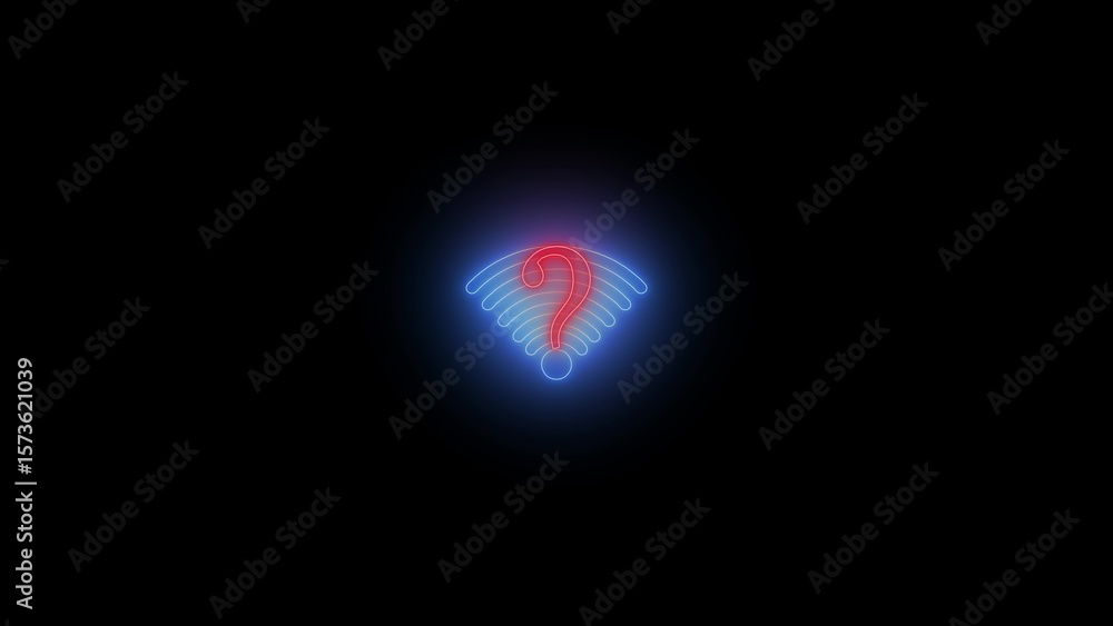 Poster neon question mark inside a glowing wifi symbol on a dark background