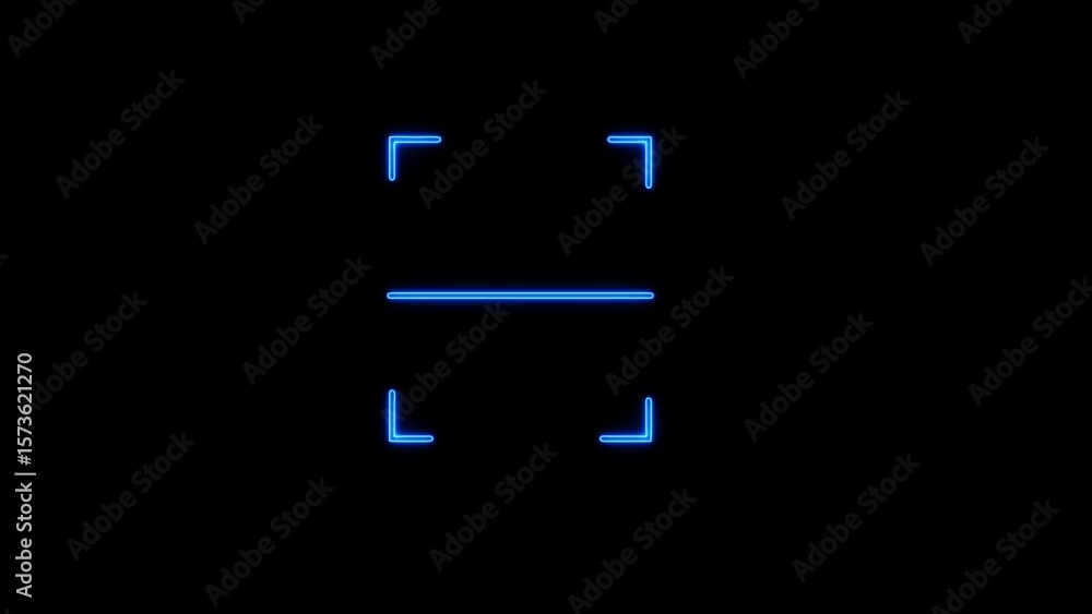 Poster abstract blue neon lines forming a square frame and a horizontal line on a black background