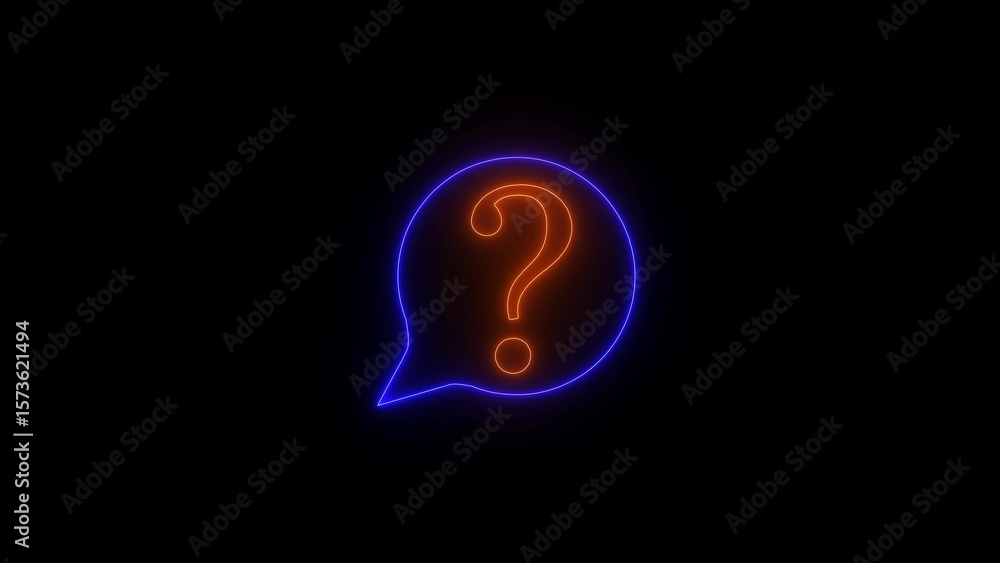 Poster glowing neon question mark inside a speech bubble on a dark background