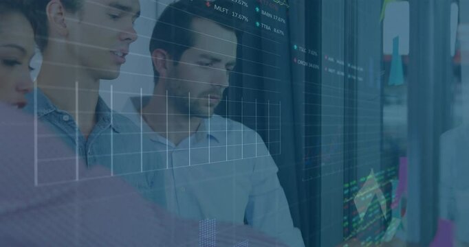 Office team swiping transparent display and tapping charts, animating financial graphs for analysis