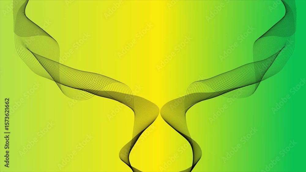 Poster abstract flowing black lines forming a symmetrical pattern on a green and yellow gradient background