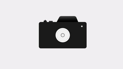 Minimalist black camera icon with a white lens and flash on a light gray background