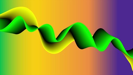 Vibrant green and yellow abstract ribbon flows across a purple and orange gradient background