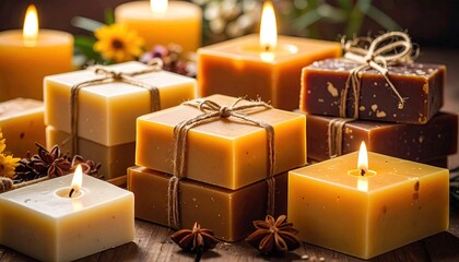 Candles and soaps on wooden table