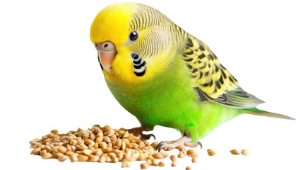  Green and Yellow Budgie Looking at Seeds on Transparent Background