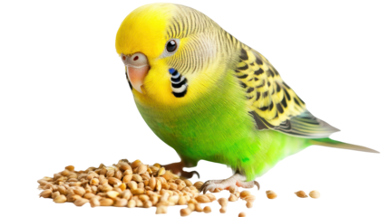  Green and Yellow Budgie Looking at Seeds on Transparent Background