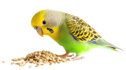  Green and Yellow Budgie Looking at Seeds on Transparent Background