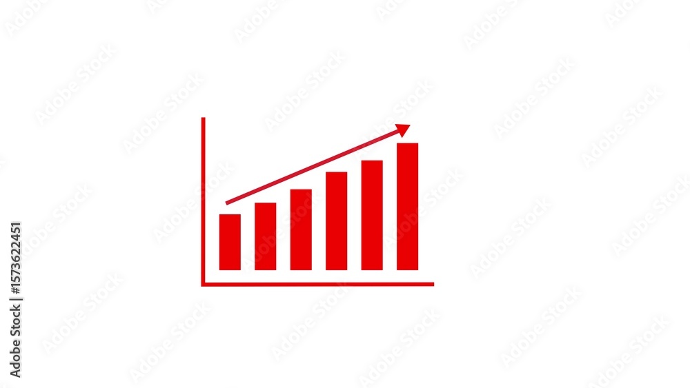 Poster red bar graph showing upward trend and growth with an arrow indicating progress