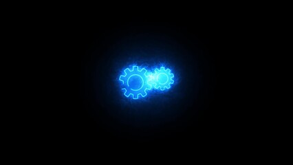 Two glowing blue neon gears meshing together against a dark background with wispy smoke effects