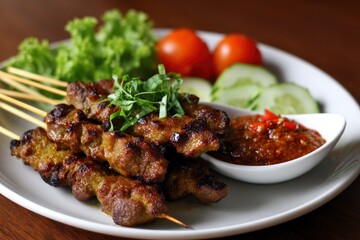Fototapeta premium Plate of grilled meat skewers with sauce tomatoes cucumbers and lettuce garnish