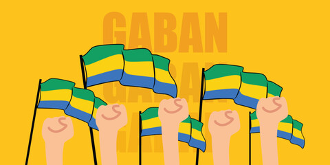 hand with flag of the Gabon or Gabon independence day vector illustration of Gabon flag with yellow background banner or greeting card