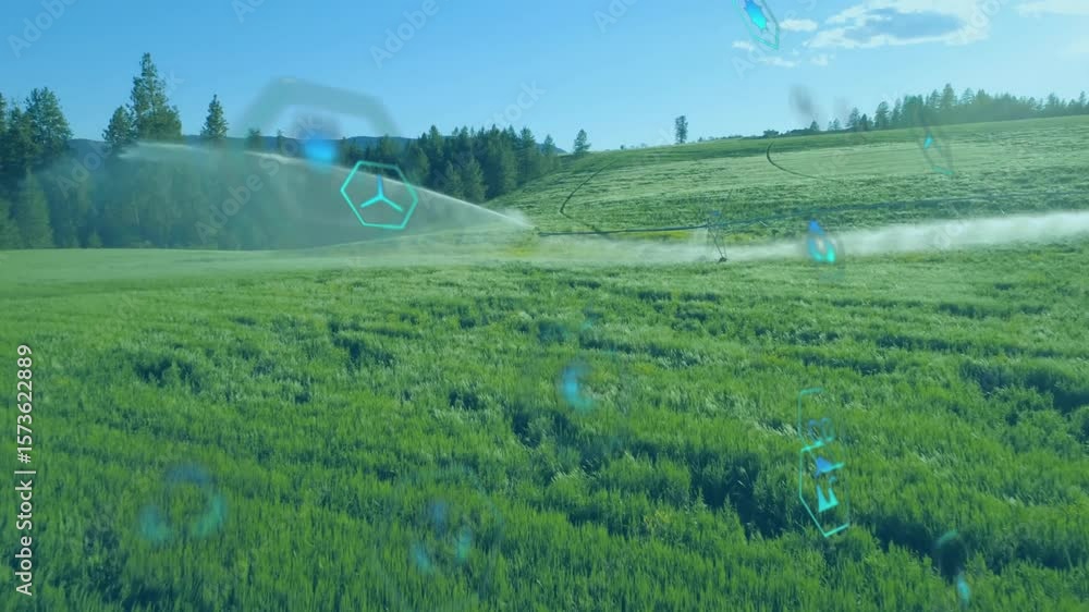Poster sprinkler activating water arcs over crops as hexagon icons rising showing irrigation data metrics