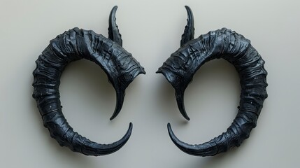 Paired, black, spiraled horns lay on a plain background, creating a visual contrast