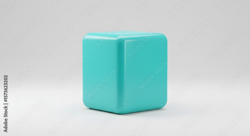 Poster a clean turquoise rounded cube object isolated on a neutral light gray studio background representin