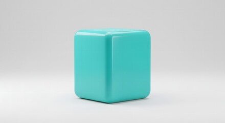 A clean turquoise rounded cube object isolated on a neutral light gray studio background representing a simple geometric shape for design or presentation purposes