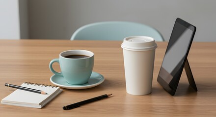 Morning coffee and digital tablet setup for productive work session on wooden desk with notebook and pencils