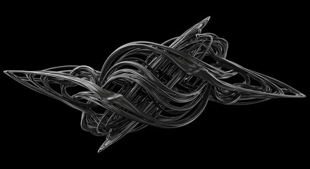 Abstract futuristic metallic sculpture with intricate geometric details and flowing symmetrical design isolated on black background