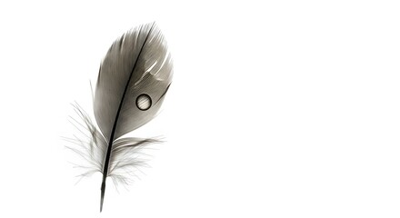 Detailed artistic feather with intricate tribal patterns and a water droplet isolated on a clean white background symbolizing delicate natural beauty and unique design concepts