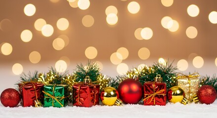 Festive Christmas Gifts and Decorations with Blurred Golden Lights Background for Holiday Celebration