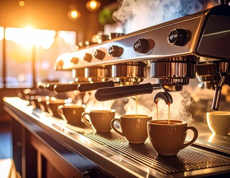 따뜻한 햇살 속 에스프레소 머신의 커피 추출 순간 Espresso Machine Brewing Coffee in Morning Sunlight