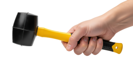A hand holding a black rubber mallet with a yellow handle against a plain background in a close up shot