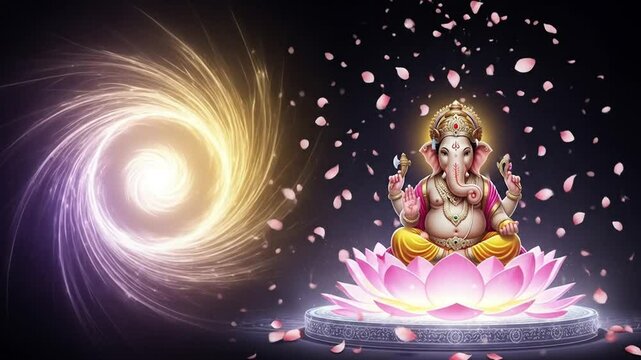 Lord Ganesha on Lotus with Cosmic Swirling Energy and Falling Petals Divine Meditation Scene