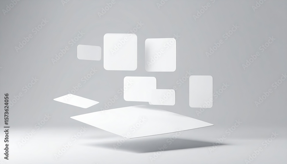 Poster abstract digital composition featu floating white geometric shapes including squares rectangles and 