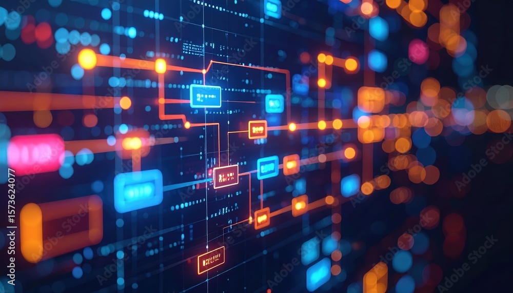 Poster futuristic digital network interface with interconnected glowing data blocks and data flow visualiza
