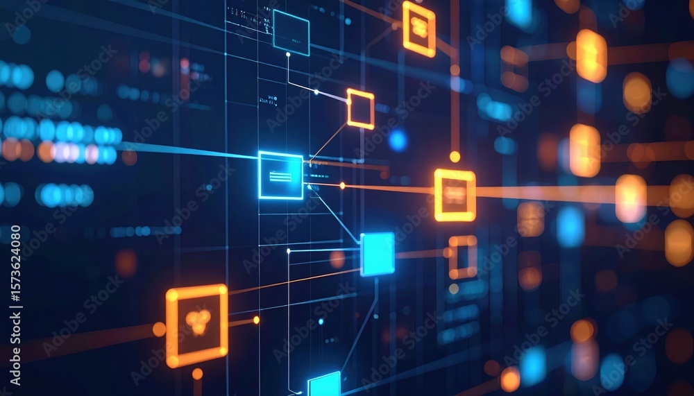 Poster digital technology network with interconnected glowing squares and icons representing communication,