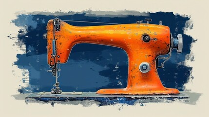 Aged, orange sewing machine illustration with brushstroke effects and a blue, textured background