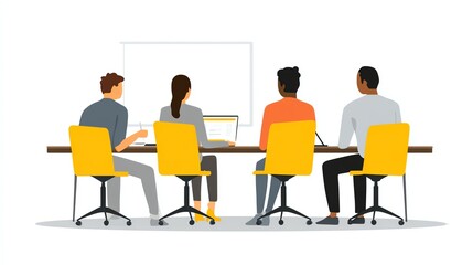 Obraz premium Four people sit on yellow chairs around a conference table, facing a blank presentation screen during a meeting or training session.