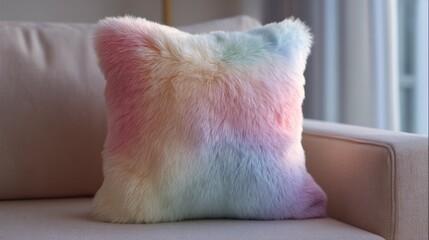 Rainbow faux fur decorative throw pillow