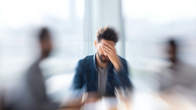 A blurred image of a man sitting at a table, holding his head in apparent stress or frustration, with another person partially visible.
