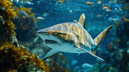 Shark swims in bright ocean, surrounded by colorful coral & small fish
