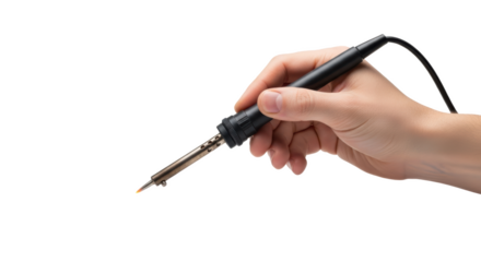 A hand holding a soldering iron with a black handle against a black and white background space area