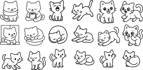Cute Cartoon Cat Set in Poses Simple Black and White Line Art for Kids Coloring Book | Generative AI