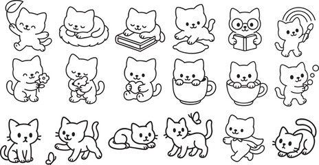 Cute Cartoon Cat Set in Poses Simple Black and White Line Art for Kids Coloring Book | Generative AI