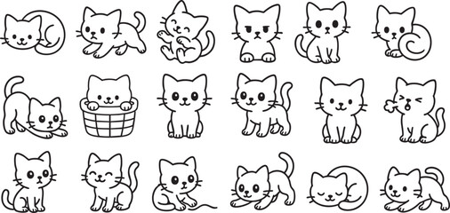 Cute Cartoon Cat Set in Poses Simple Black and White Line Art for Kids Coloring Book | Generative AI