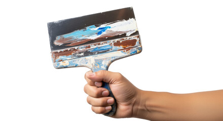 A hand holding a paint scraper covered in various colors of paint against a black background space