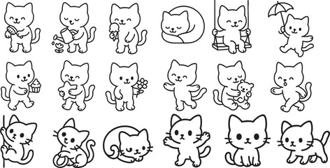 Cute Cartoon Cat Set in Poses Simple Black and White Line Art for Kids Coloring Book | Generative AI