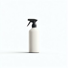 Minimalist image of a white spray bottle with a black nozzle on a plain white background.