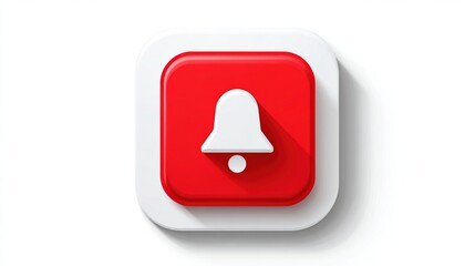 A 3D rendering of a red button with a white bell. It has a shadow and is on white