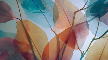 Translucent, multicolored leaves overlapping against a soft blue background, showcasing delicate veins and natural textures.