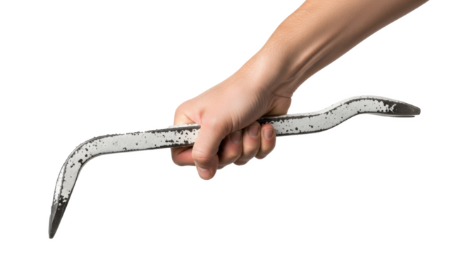 A hand holding a metal crowbar with black marks against a plain black studio background image view